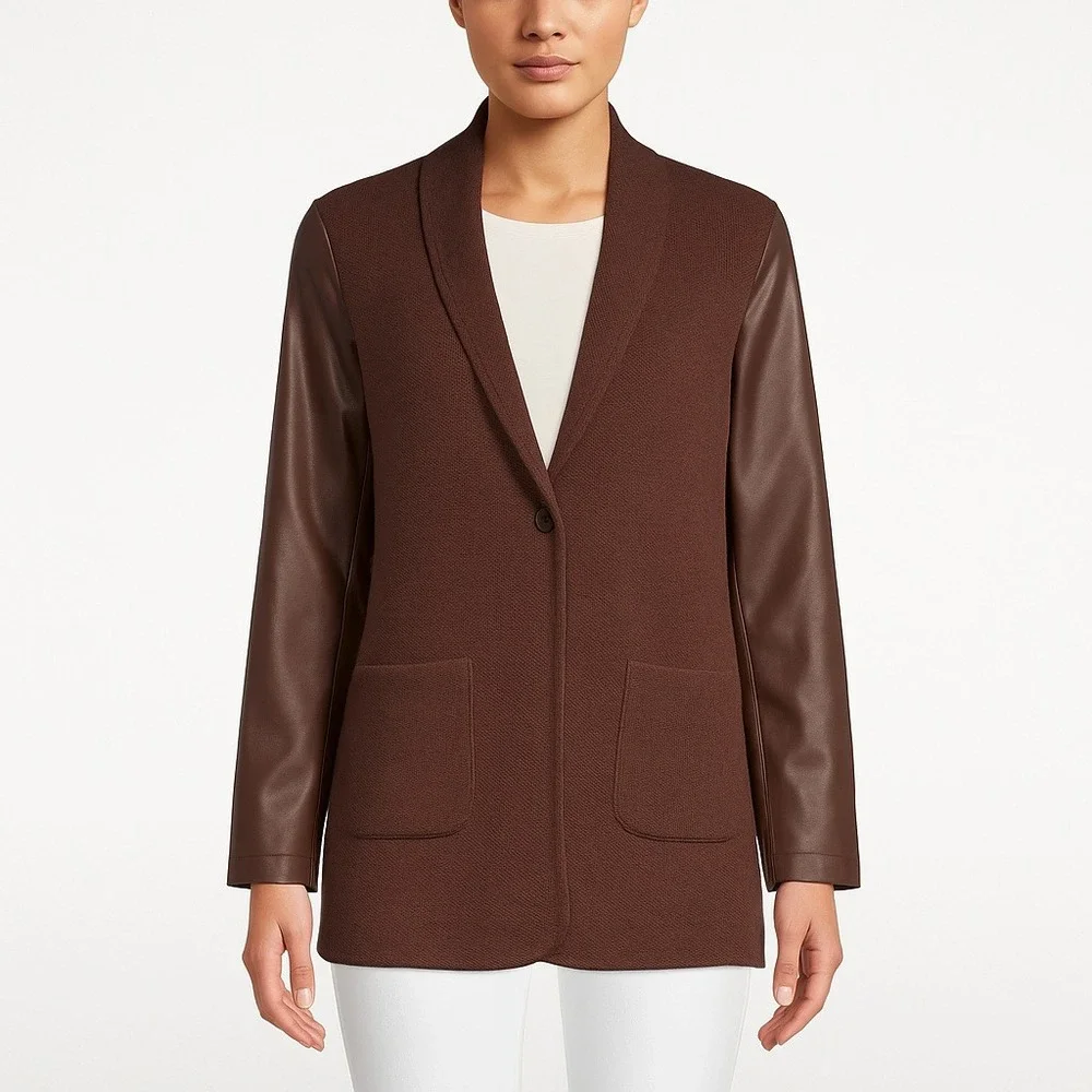NWOT Area Stars Brown‎ Blazer Faux Leather Sleeve Knit Jacket Small